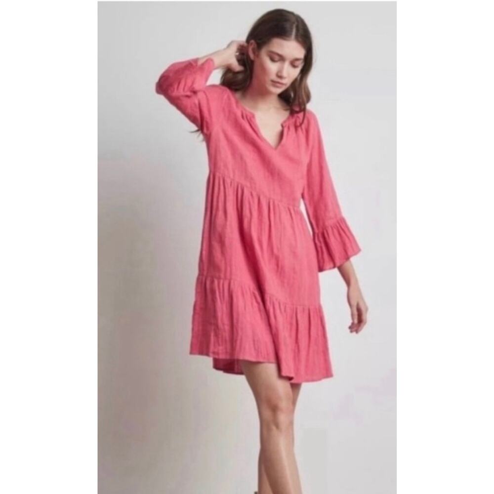 Velvet by Graham 100% Linen Aurora Linen Mini Tiered Dress Pink Small Chic